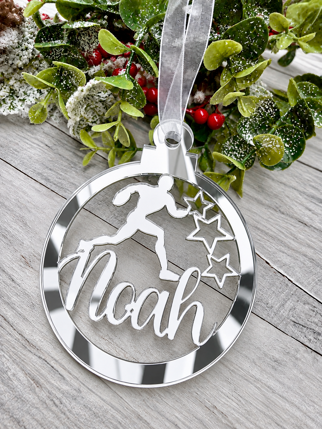 Load image into Gallery viewer, Personalised rugby Christmas decoration in silver mirrored acrylic
