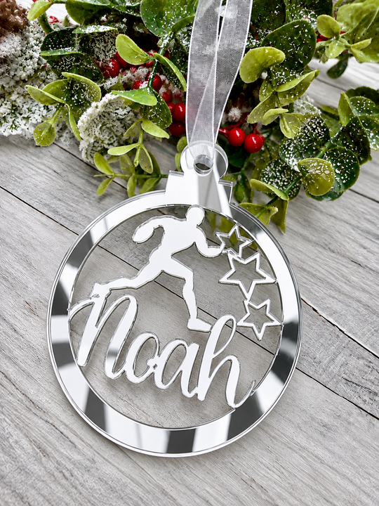 Personalised rugby Christmas decoration in silver mirrored acrylic