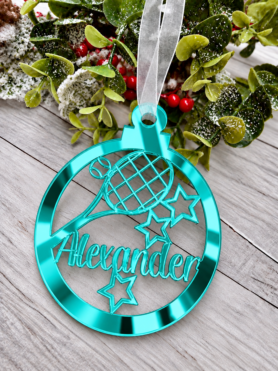 Load image into Gallery viewer, Personalised tennis Christmas decoration in teal mirrored acrylic
