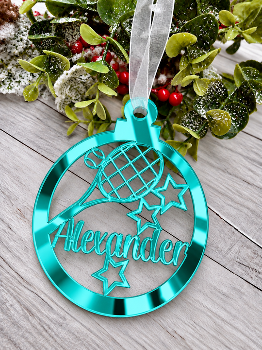 Personalised tennis Christmas decoration in teal mirrored acrylic