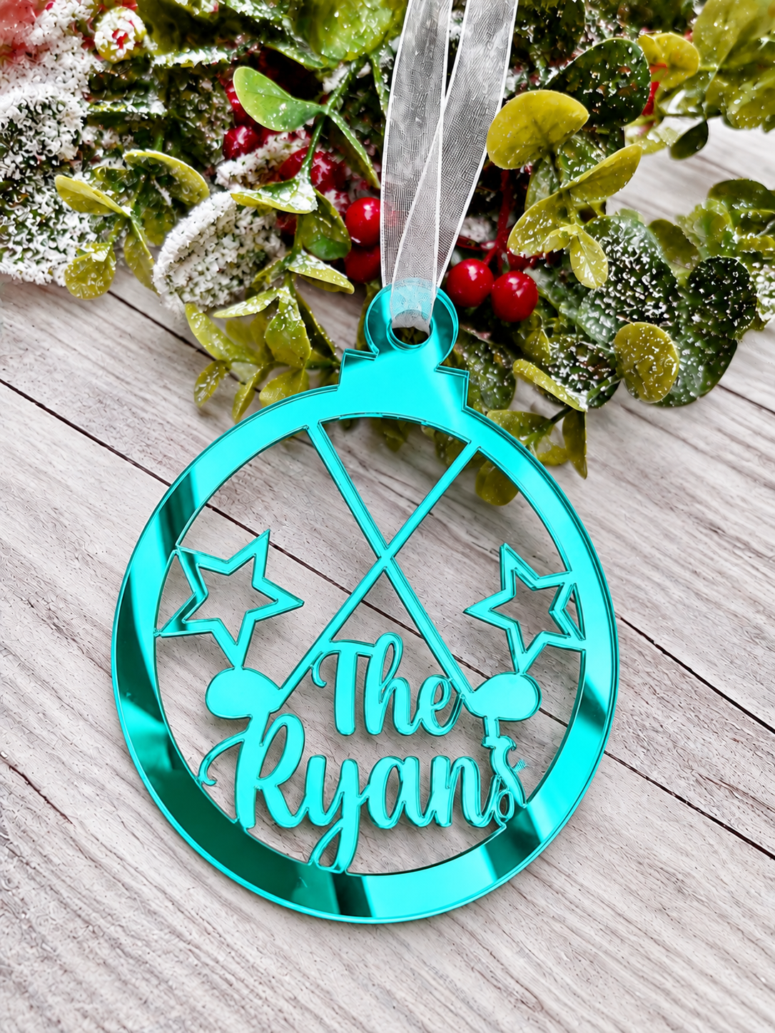 Load image into Gallery viewer, Personalised golf Christmas decoration in teal mirrored acrylic
