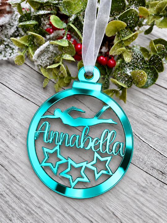 Personalised swimmer Christmas decoration in teal mirrored acrylic