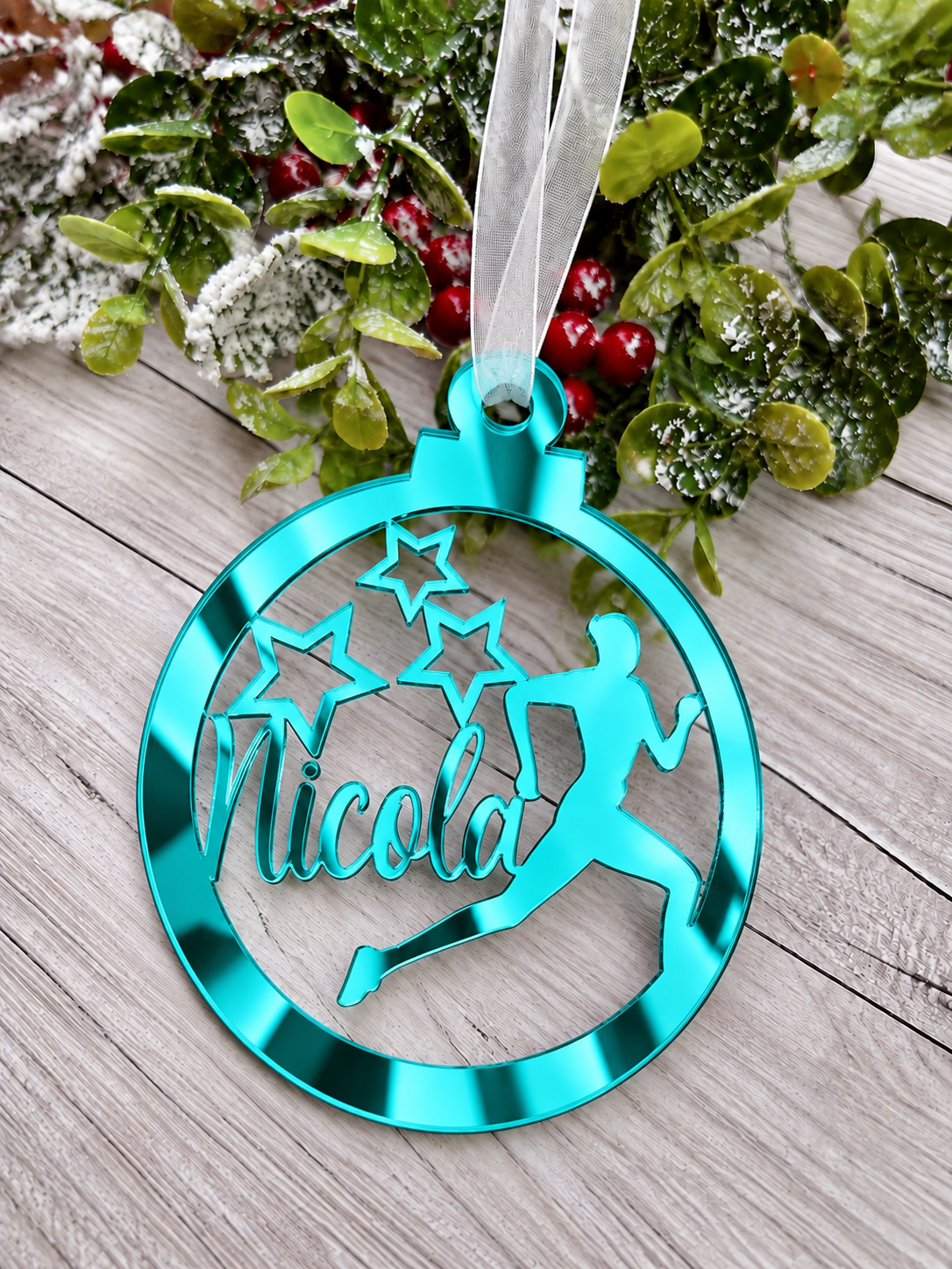 Load image into Gallery viewer, Personalised runner Christmas decoration in teal mirrored acrylic

