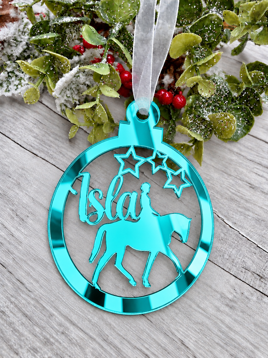 Personalised horse rider Christmas decoration in teal mirrored acrylic