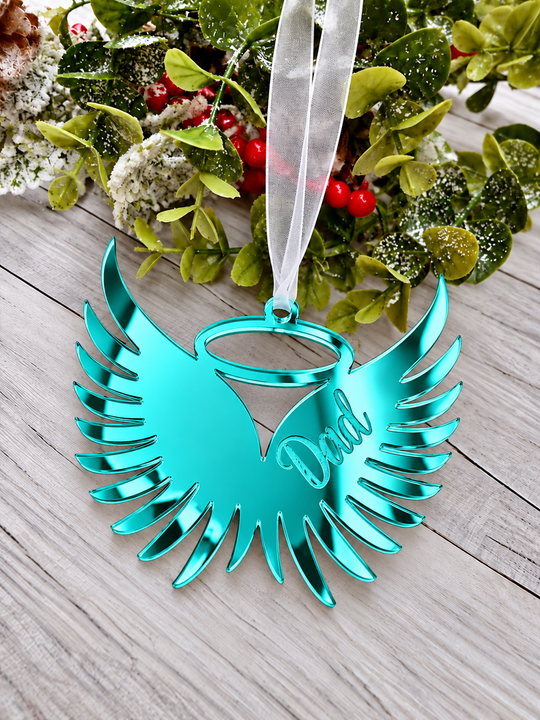 Angel wings in memory Christmas decoration in teal mirrored acrylic engraved with a name