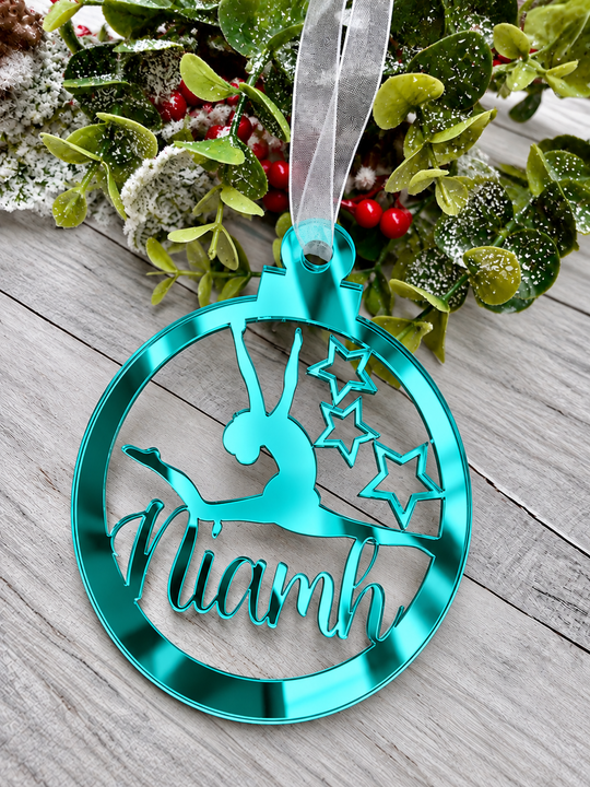 Personalised gymnast Christmas decoration in teal mirrored acrylic