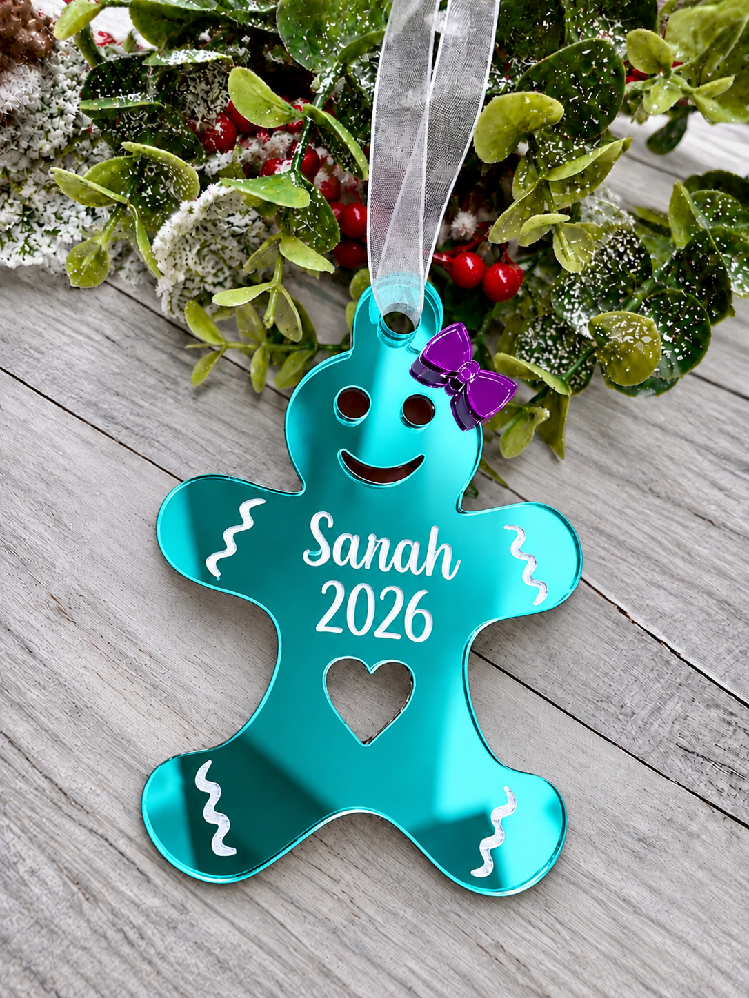 Load image into Gallery viewer, Personalised gingerbread lady Christmas decoration in teal mirrored acrylic
