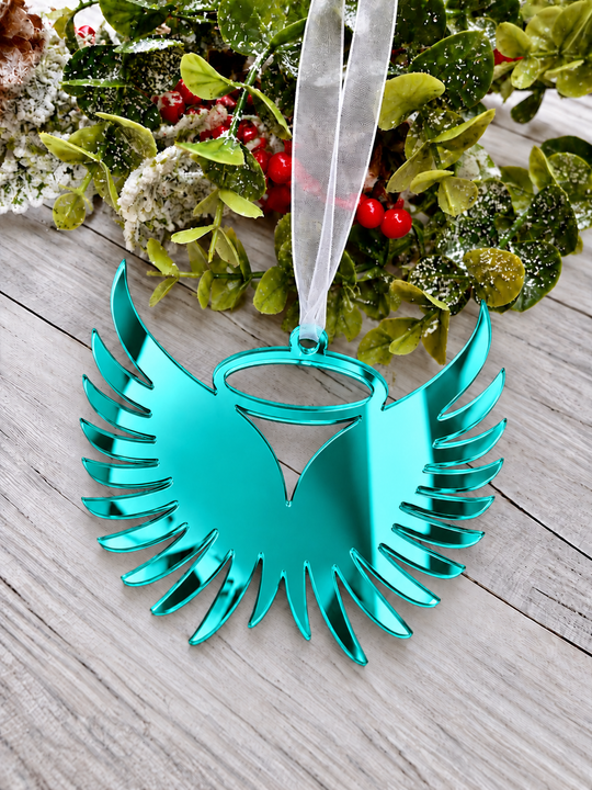 Angel wings in memory Christmas decoration in teal mirrored acrylic, plain