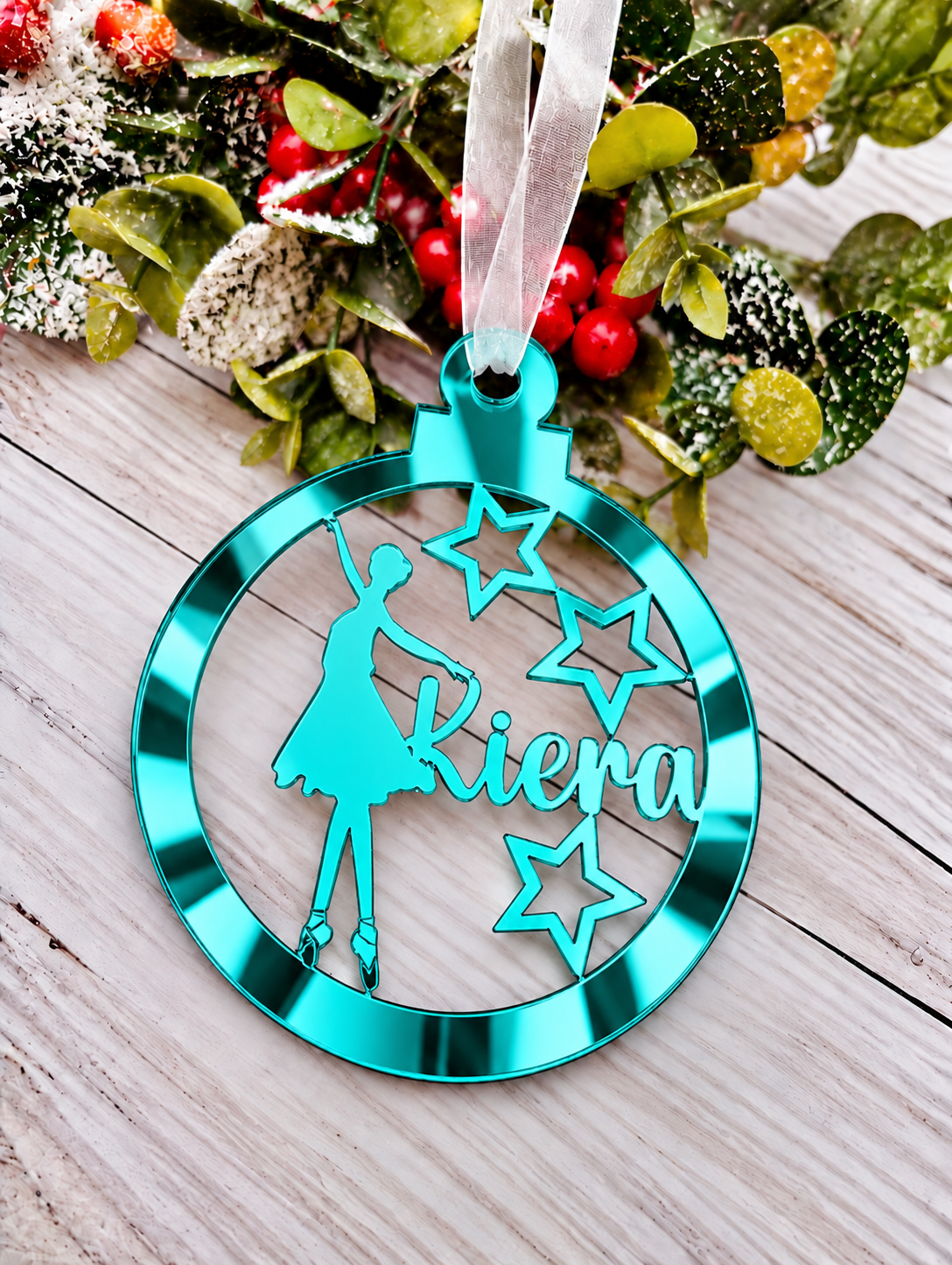 Load image into Gallery viewer, Personalised ballerina Christmas decoration in teal mirrored acrylic
