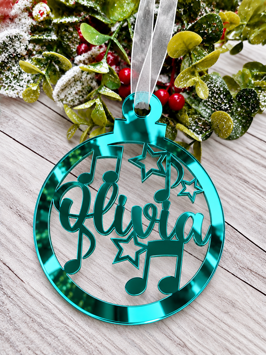 Personalised music notes Christmas decoration in teal mirrored acrylic