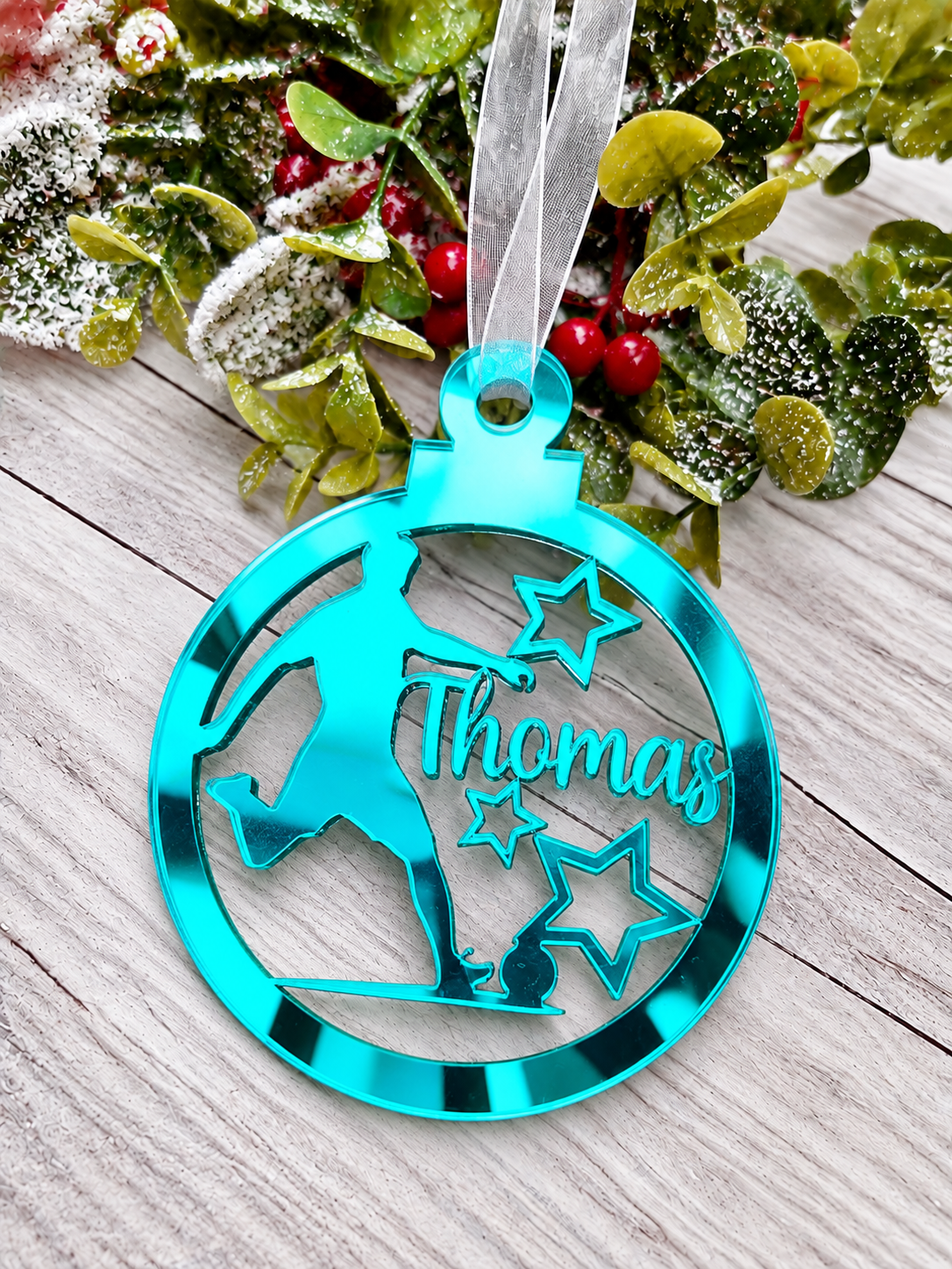 Load image into Gallery viewer, Personalised footballer Christmas decoration in teal mirrored acrylic
