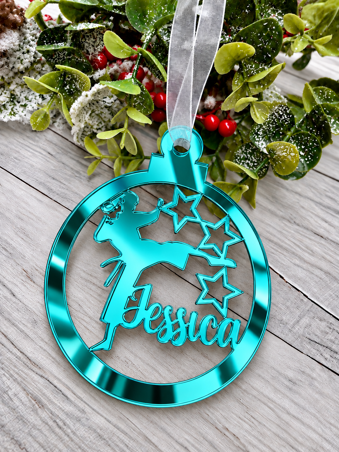 Load image into Gallery viewer, Personalised karate Christmas decoration in teal mirrored acrylic
