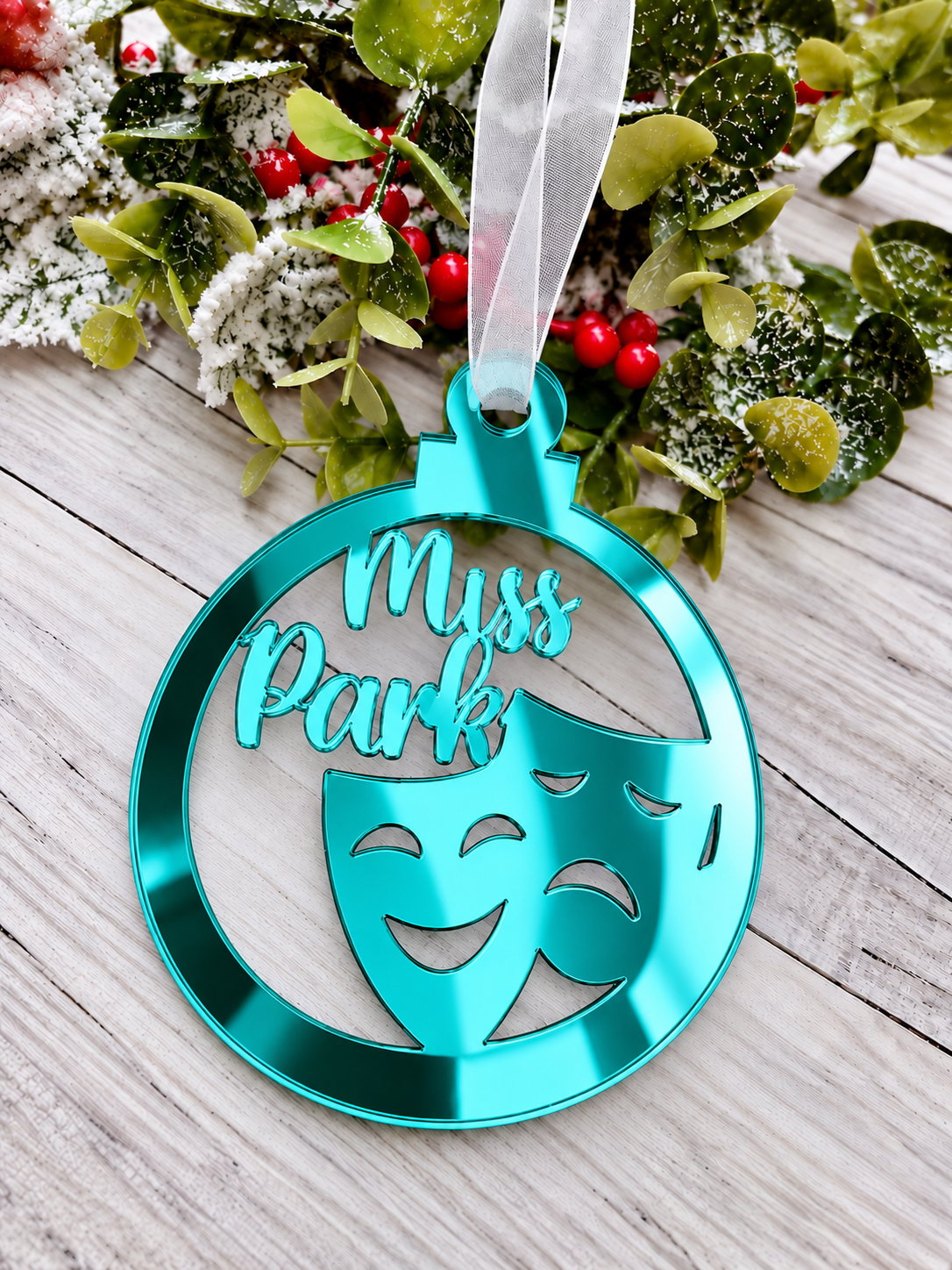 Load image into Gallery viewer, Personalised drama Christmas decoration in teal mirrored acrylic
