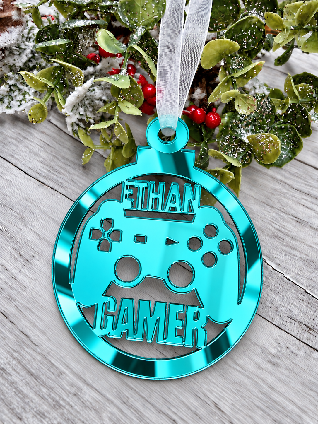 Load image into Gallery viewer, Personalised gamer Christmas decoration in teal mirrored acrylic
