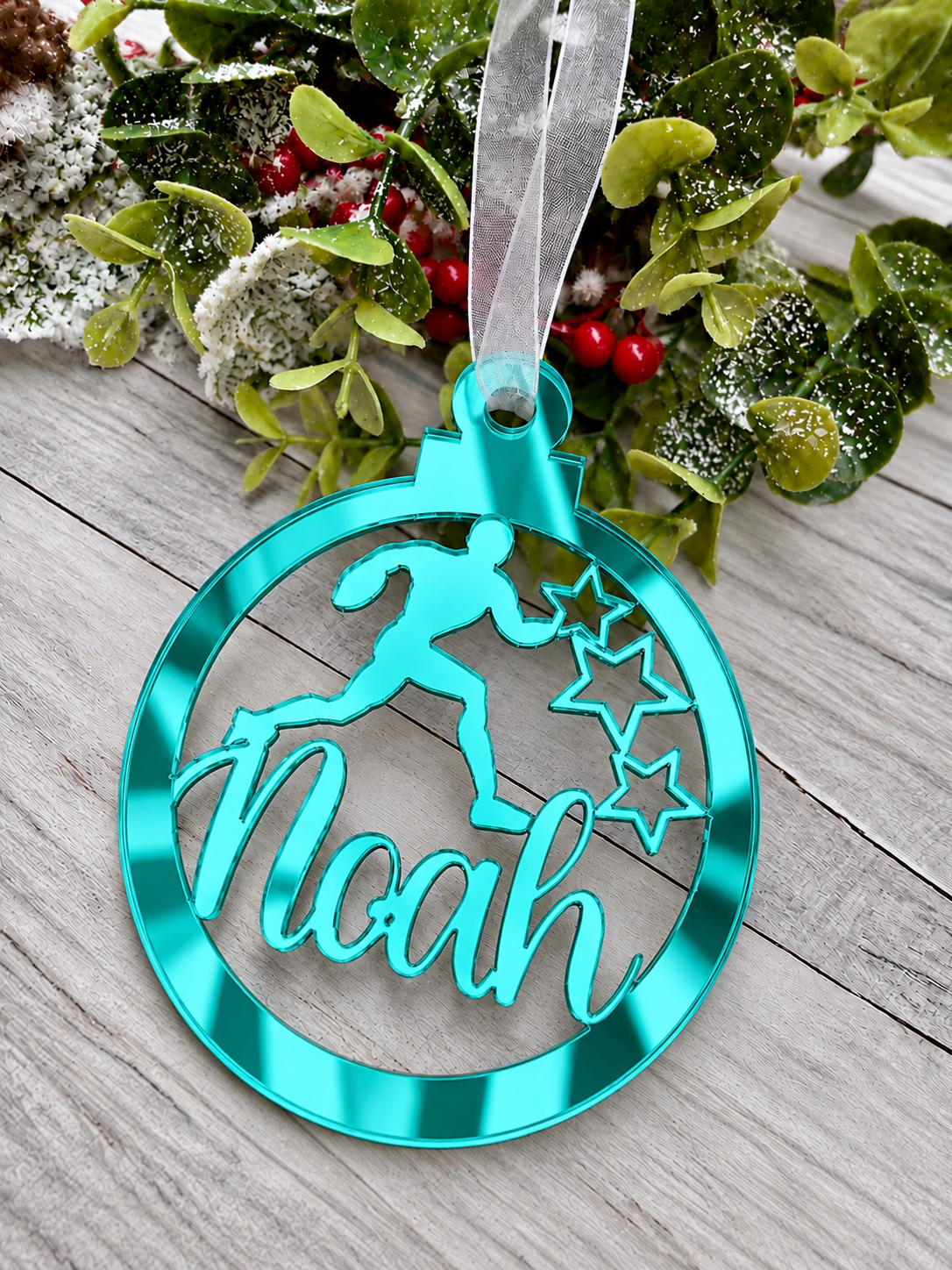 Load image into Gallery viewer, Personalised rugby Christmas decoration in teal mirrored acrylic
