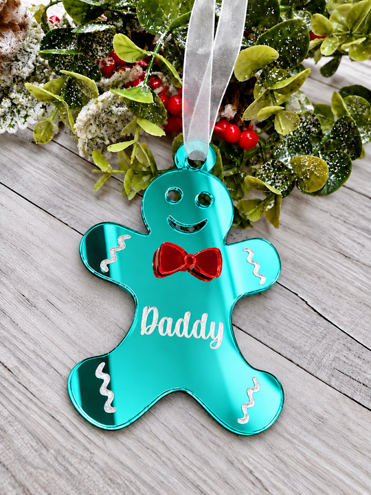 Personalised gingerbread man Christmas decoration in teal mirrored acrylic