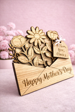 Load image into Gallery viewer, Personalised wooden Mother’s Day ornament, laser cut envelope with engraved floral design, freestanding wood decoration gift for mum, custom tag keepsake
