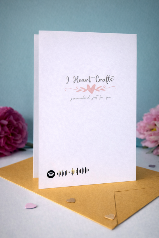 The back of a Personalised 30th wedding anniversary card detailing our I Heart Crafts logo with a spotify barcode link to play your favourite song. 