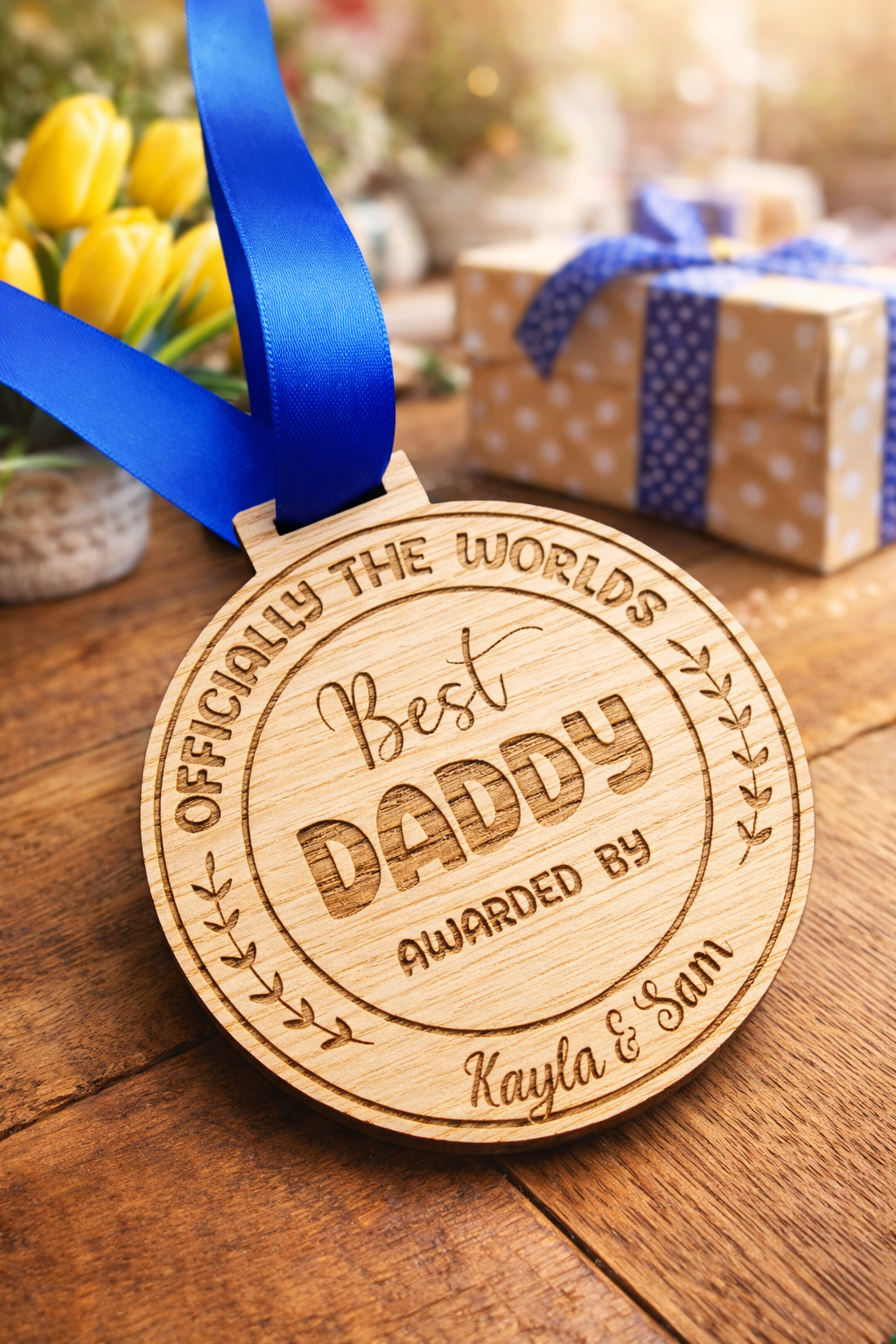Personalised best dad wooden medal with blue ribbon, engraved fathers day gift from children, handmade oak keepsake