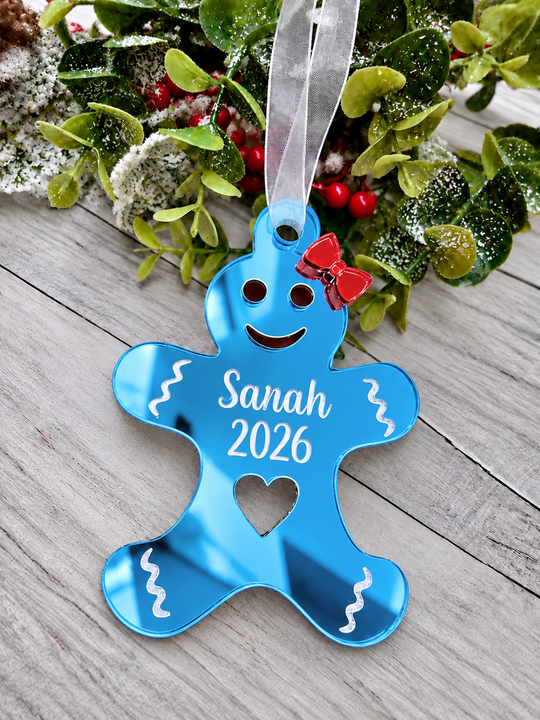Personalised gingerbread lady Christmas decoration in blue mirrored acrylic