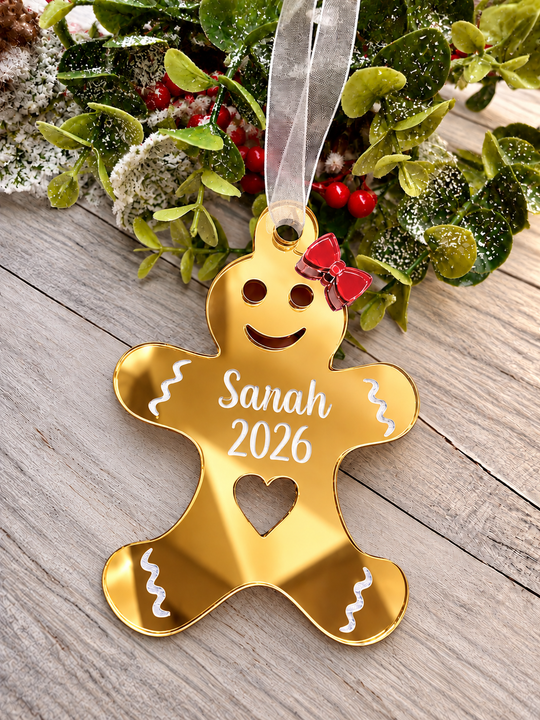 Personalised gingerbread lady Christmas decoration in gold mirrored acrylic