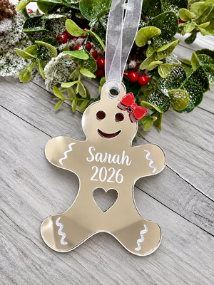Personalised gingerbread lady Christmas decoration in silver mirrored acrylic