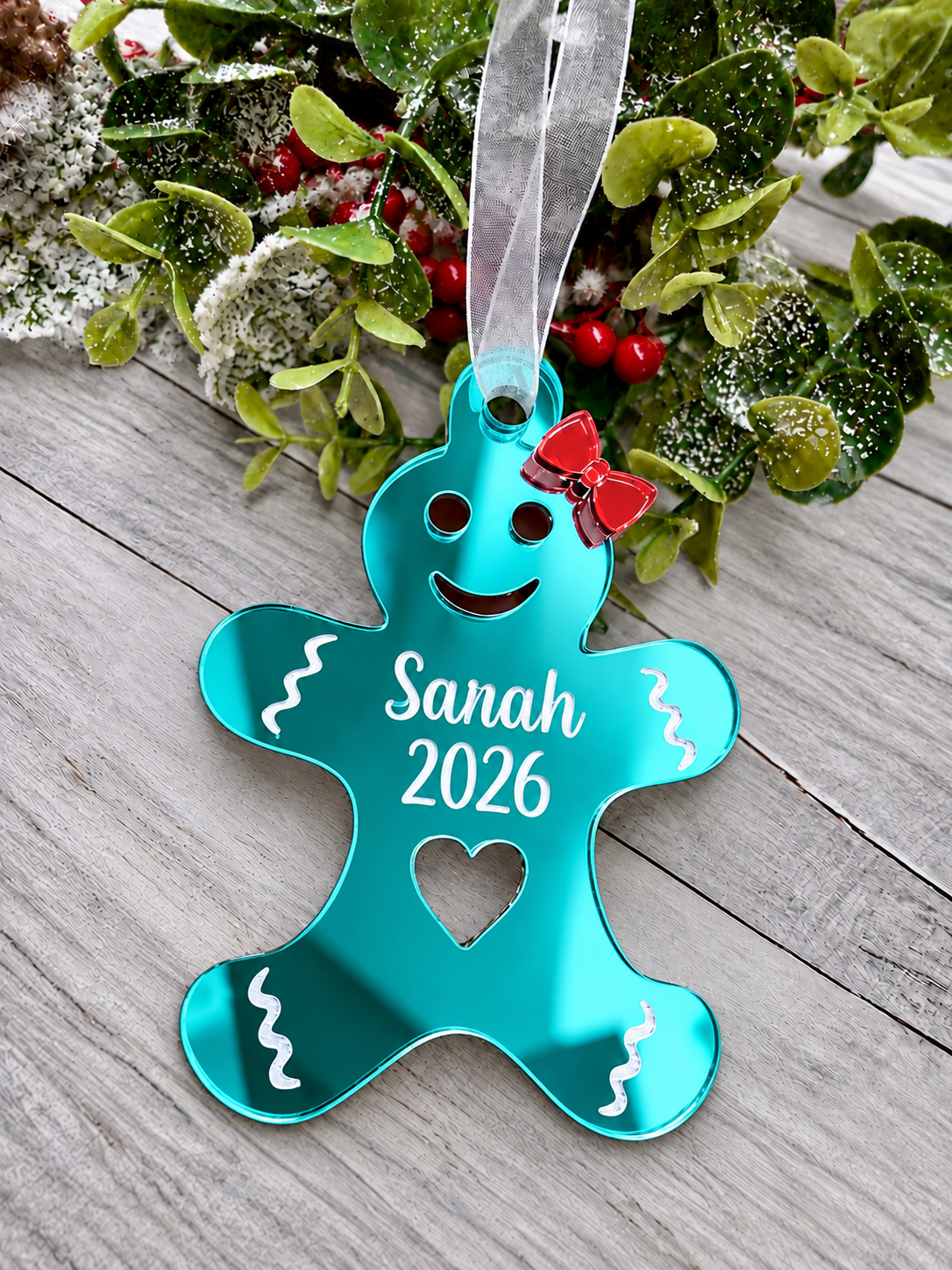 Load image into Gallery viewer, Personalised gingerbread lady Christmas decoration in teal mirrored acrylic
