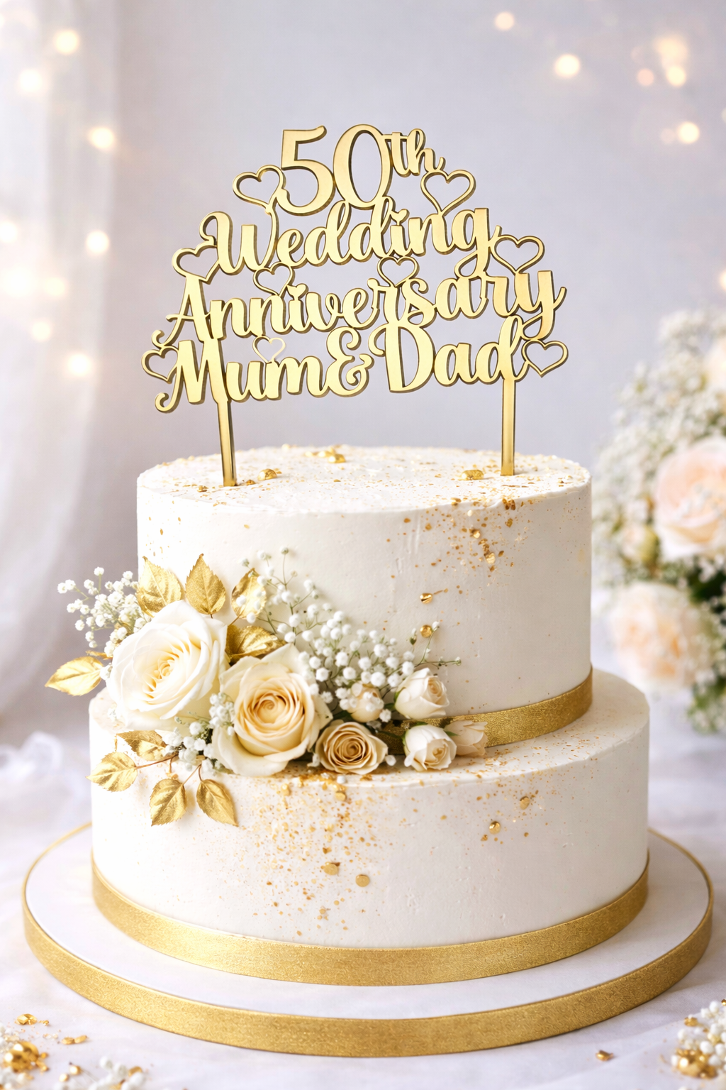 Gold mirror acrylic 50th Wedding Anniversary cake topper in elegant script on a white buttercream wedding cake decorated with cream roses.