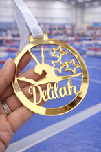 Load image into Gallery viewer, gold mirror acrylic personalised gymnastics medal held in hand with custom name design

