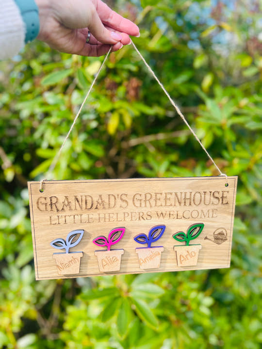Custom Grandad’s Greenhouse wooden sign with watering can and plant design, perfect gift for gardeners and grandads.