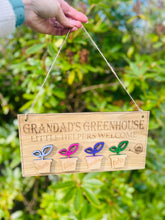Load image into Gallery viewer, Custom Grandad’s Greenhouse wooden sign with watering can and plant design, perfect gift for gardeners and grandads.
