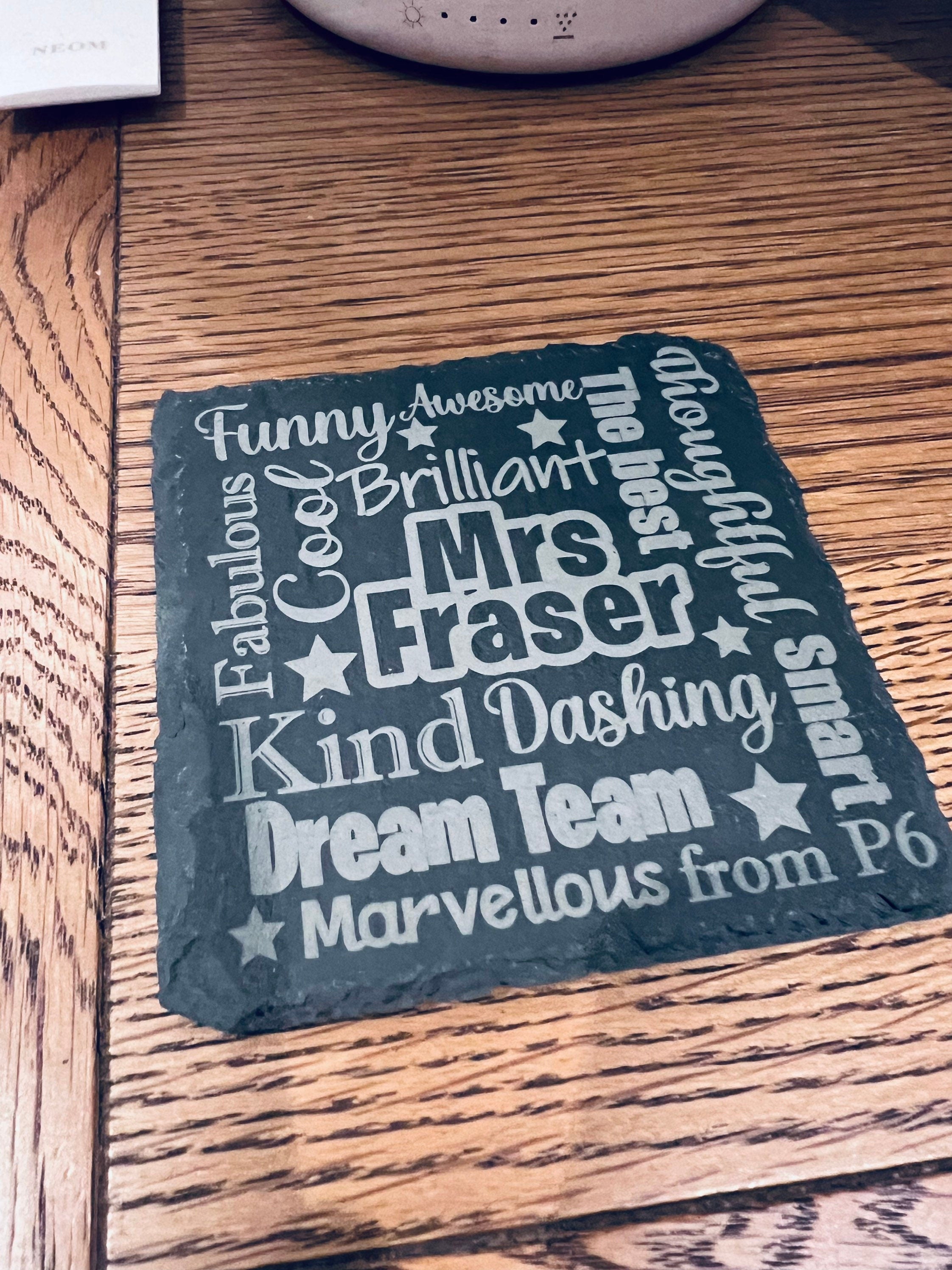Load image into Gallery viewer, Personalised engraved slate teacher gift with custom name. A unique end-of-term, thank-you gift for teachers, teaching assistants, or mentors."

Let me know if you'd like any refinements!

