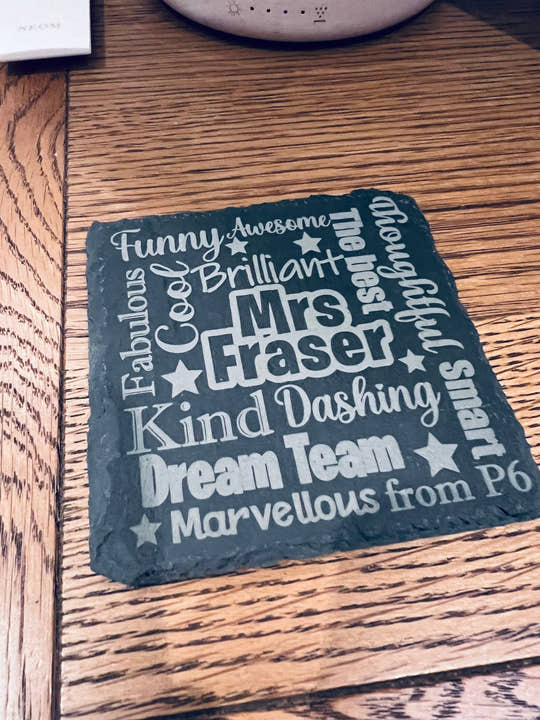 Personalised engraved slate teacher gift with custom name. A unique end-of-term, thank-you gift for teachers, teaching assistants, or mentors."

Let me know if you'd like any refinements!