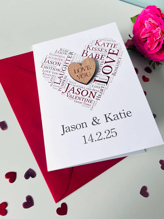 Personalised wooden Anniversary  card with printed and foiled heartfelt words. A unique and sentimental keepsake gift for your partner, husband, wife, or loved one.