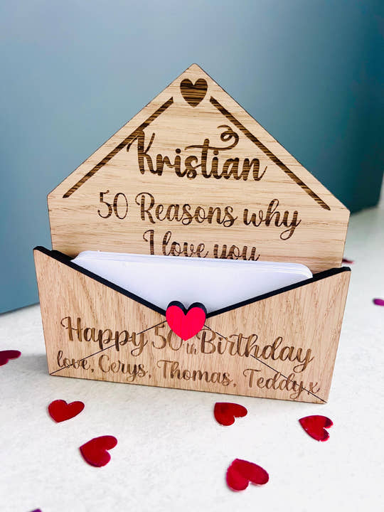 Gift ready personalised wooden 50th birthday keepsake packaging engraved love gift