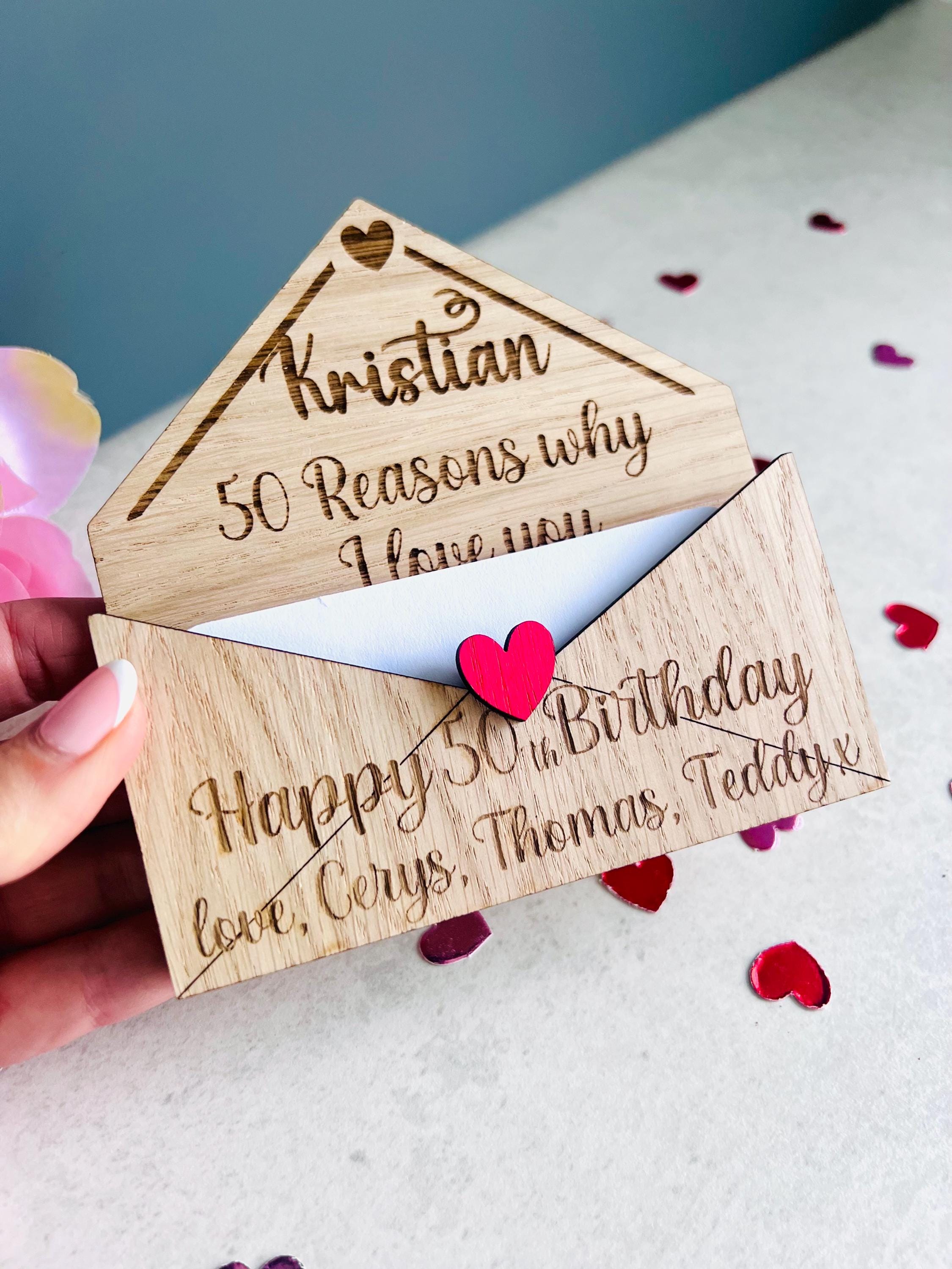 Load image into Gallery viewer, Personalised wooden 50th birthday card with custom engraved message, a unique keepsake gift for him or her.

