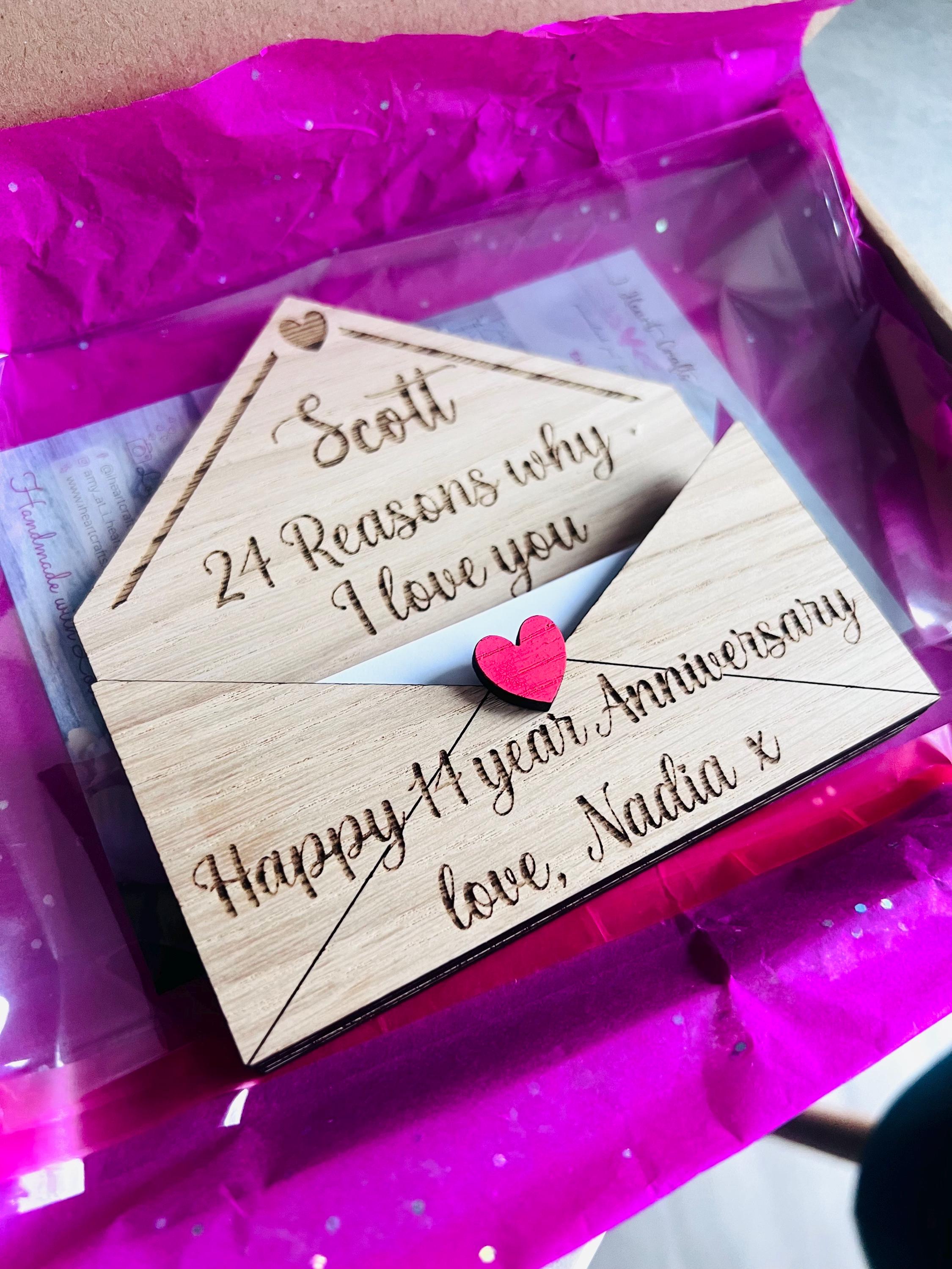 Load image into Gallery viewer, Personalised wooden anniversary card with custom engraved message, a unique keepsake gift for couples, weddings, and special occasions.
