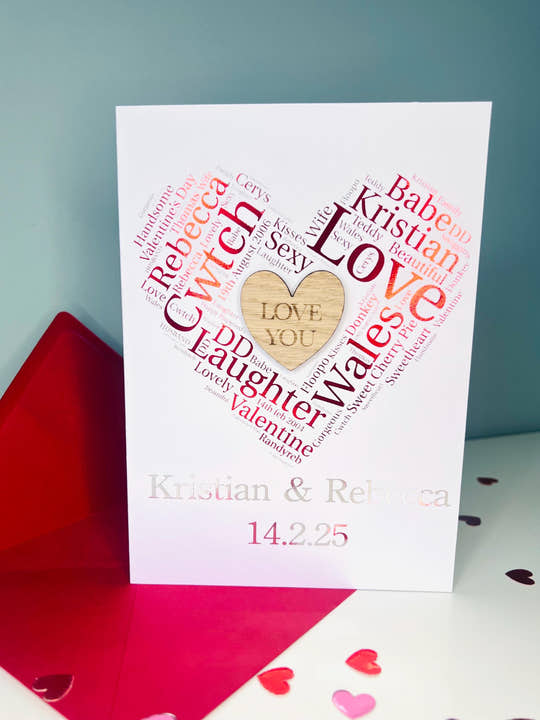 Personalised wooden Anniversary  card with printed and foiled heartfelt words. A unique and sentimental keepsake gift for your partner, husband, wife, or loved one.