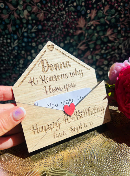 Personalised wooden birthday card for 40th birthday card. Engraved keepsake gift with custom message for friend with name.