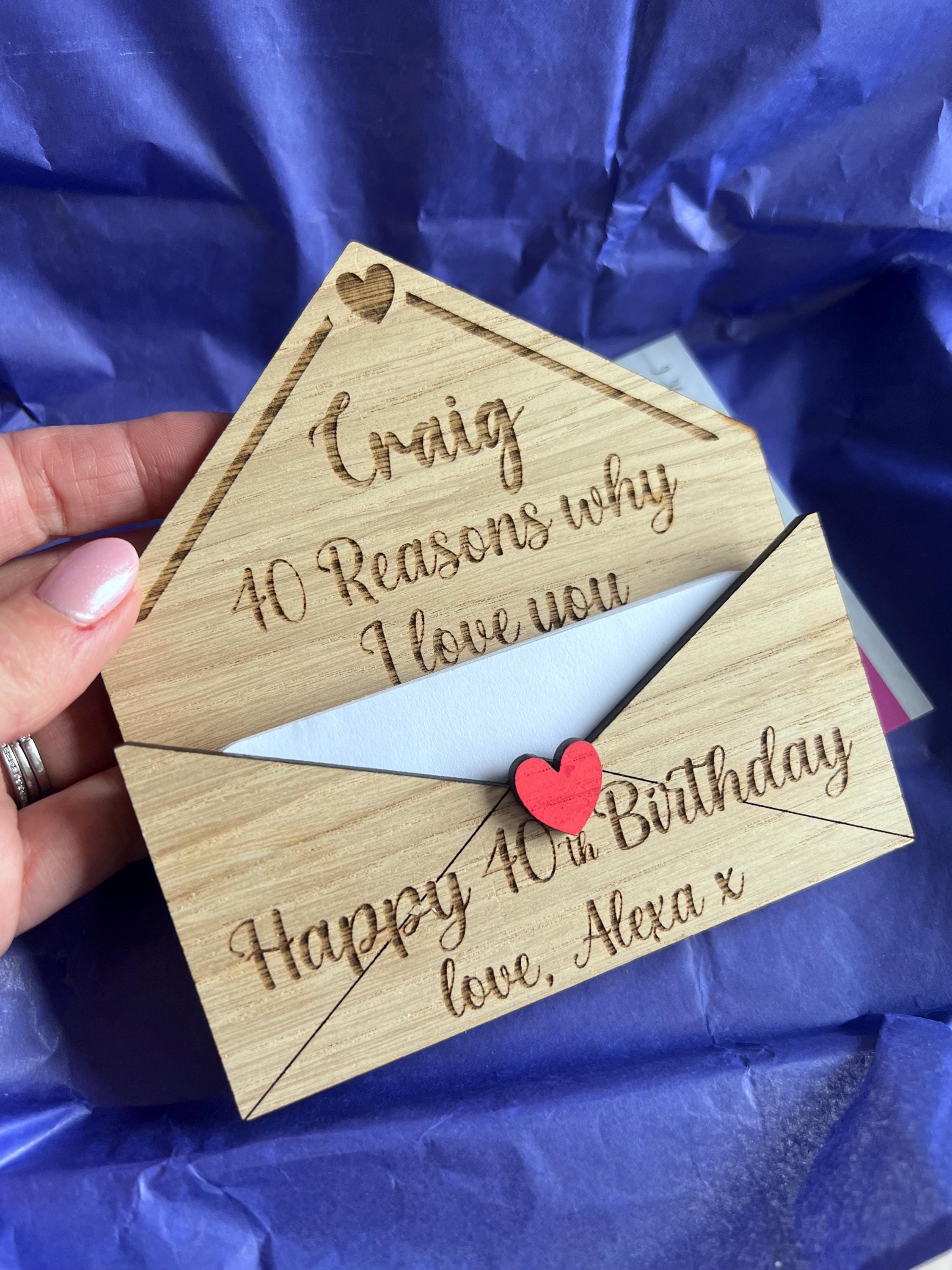 Load image into Gallery viewer, Personalised wooden birthday card for 40th birthday card. Engraved keepsake gift with custom message for him or her.
