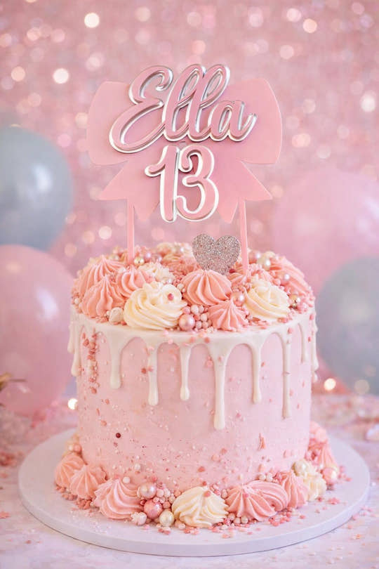 Pink Bow Birthday Cake Topper – Custom Name & Age