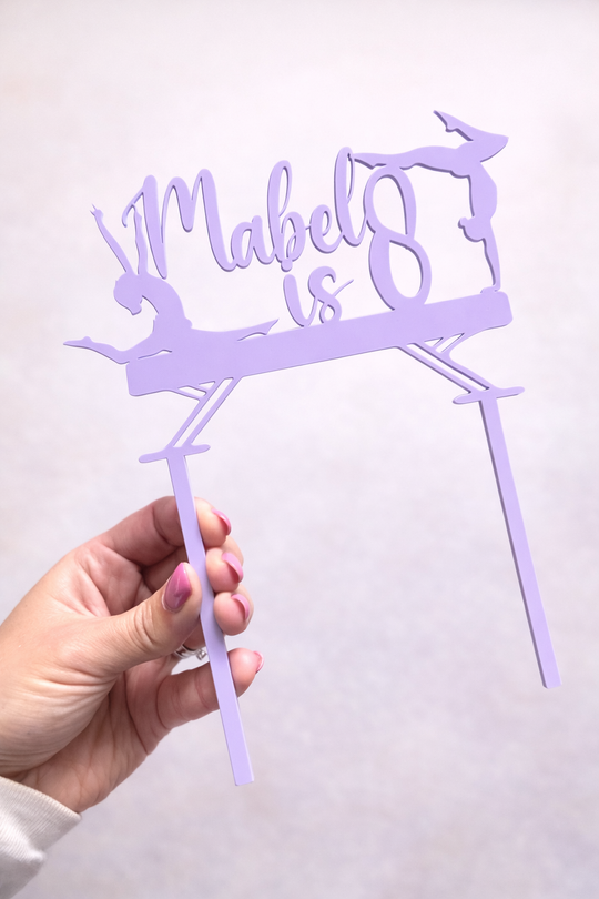 Personalised lilac acrylic gymnastics birthday cake topper with custom name and age