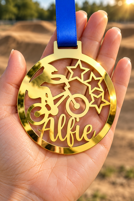gold mirror acrylic personalised BMX medal with custom name on a blue ribbon, held in hand in front of a blurred BMX track