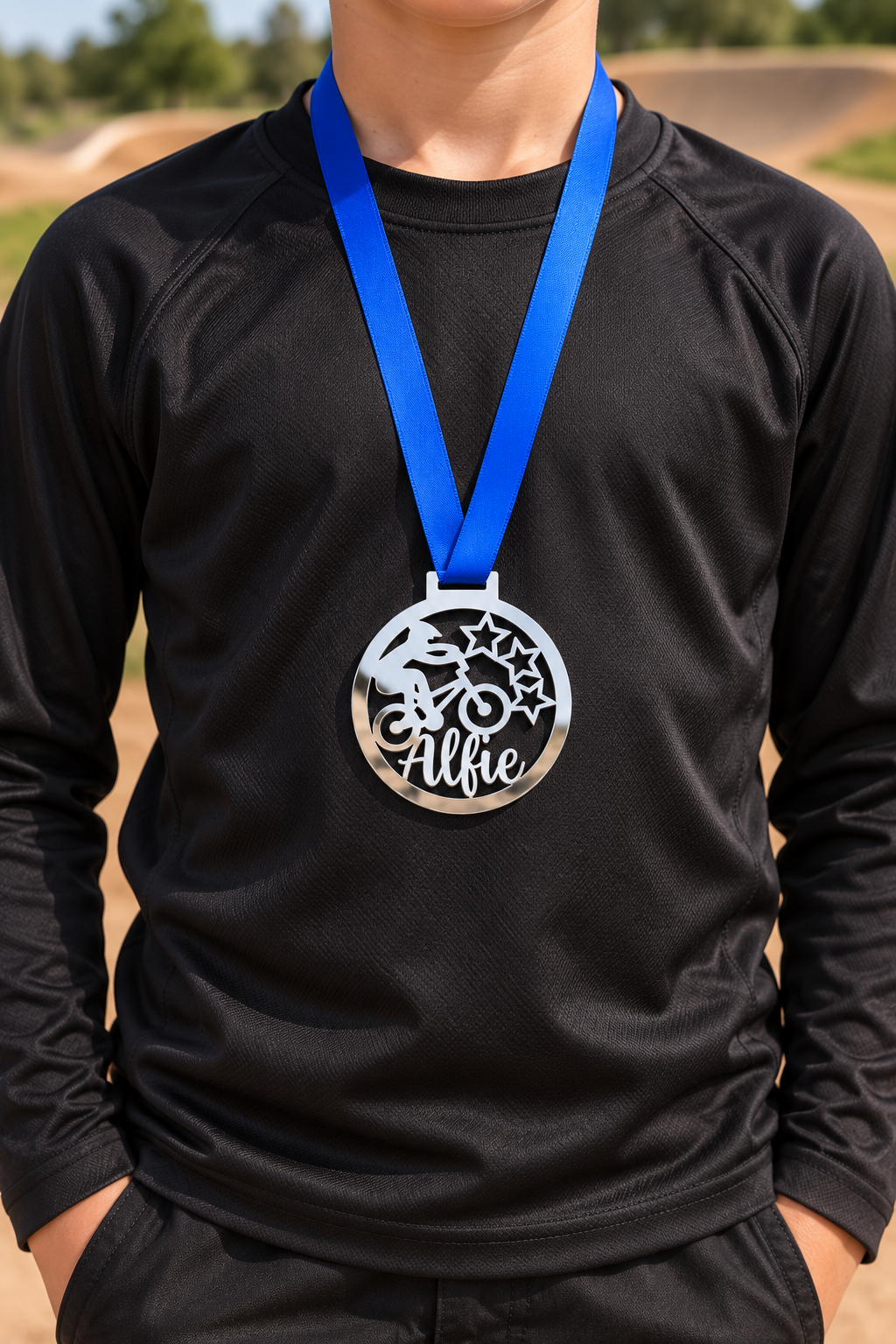 Load image into Gallery viewer, silver mirror acrylic personalised BMX medal on a blue ribbon worn around the neck
