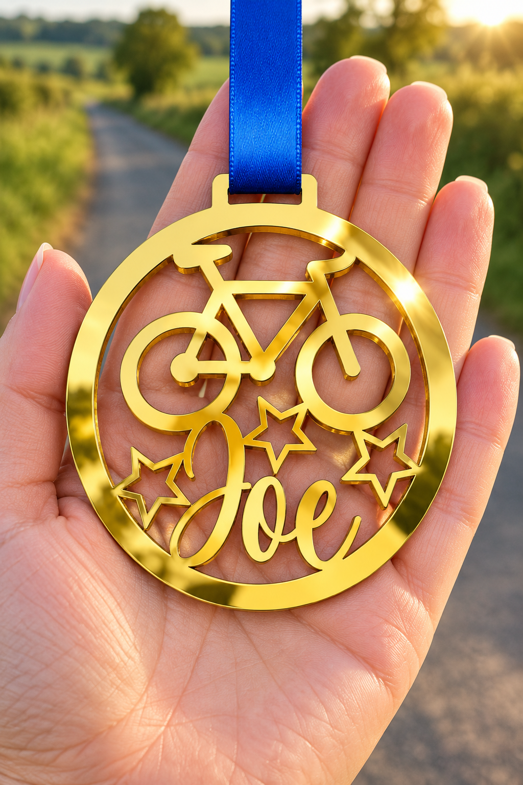 Load image into Gallery viewer, gold mirror acrylic personalised cycling medal with custom name on a blue ribbon, held in hand in front of a blurred country road
