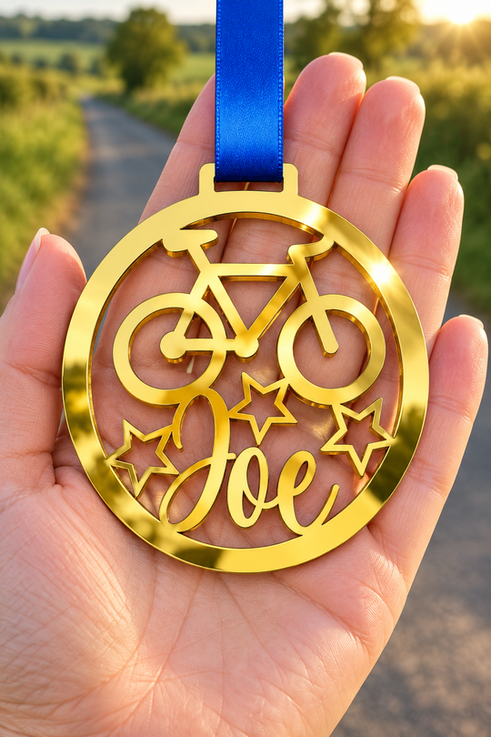 gold mirror acrylic personalised cycling medal with custom name on a blue ribbon, held in hand in front of a blurred country road