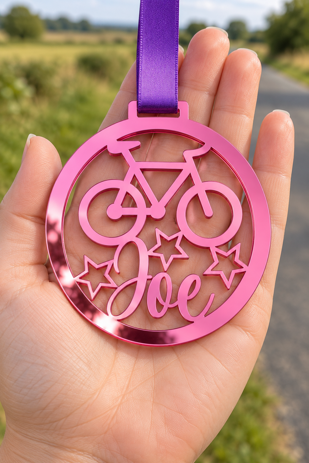 Load image into Gallery viewer, pink mirror acrylic personalised cycling medal with custom name on a purple ribbon, held in hand in front of a blurred country road
