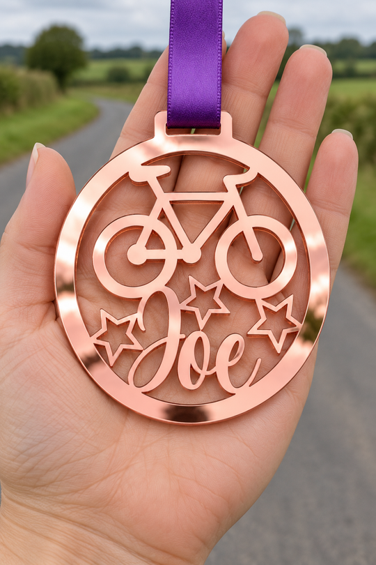 rose gold mirror acrylic personalised cycling medal with custom name on a purple ribbon, held in hand in front of a blurred country road