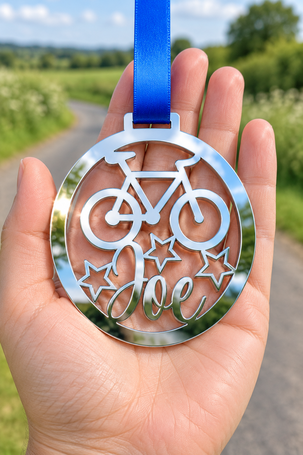 Load image into Gallery viewer, silver mirror acrylic personalised cycling medal with custom name on a blue ribbon, held in hand in front of a blurred country road

