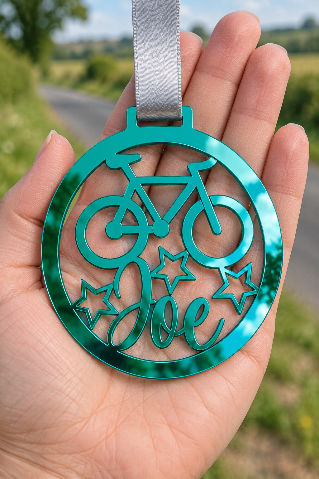 Load image into Gallery viewer, teal mirror acrylic personalised cycling medal with custom name on a silver ribbon, held in hand in front of a blurred country road
